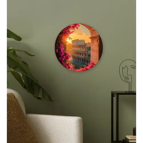 Colosseum - Rome - Roze Bloemen Wandcirkel kunststof plaat 5mm dik klein -sfeer3