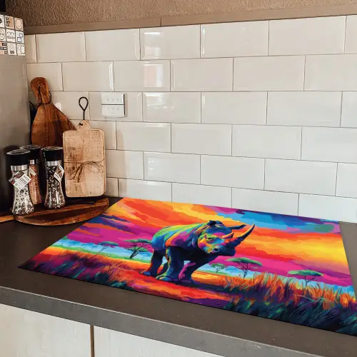 Neushoorn - Zonsondergang - Savanna - Kleurrijk Inductie beschermer vinyl 3mm klein -sfeer3