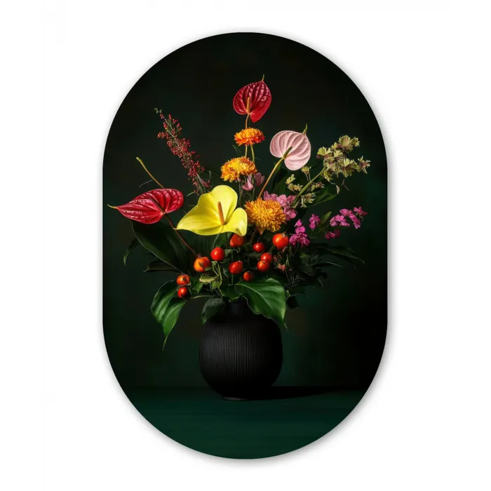 Bloemen - Vaas - Zwart Wandcirkel Ovaal Glas middel -3d