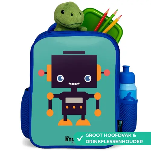 Zwarte robot met oranje accenten op een blauwe achtergrond Kinderrugzak - Blauw middel -inhoud_NL