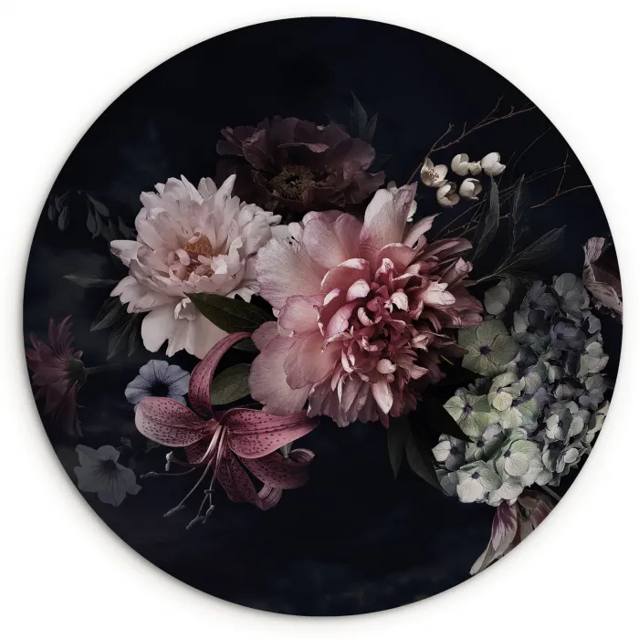 Bloemen - Vintage - Pastel - Zwart - Boeket Wandcirkel kunststof plaat 5mm dik klein -3d