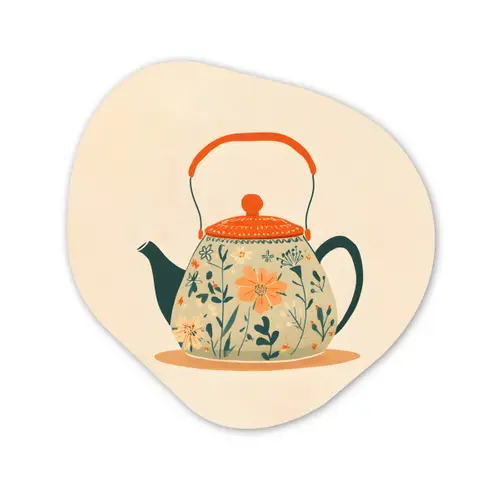 Oranje - Theepot - Bloemen - Bladeren Wandcirkel Organisch Forex 3mm klein -3d