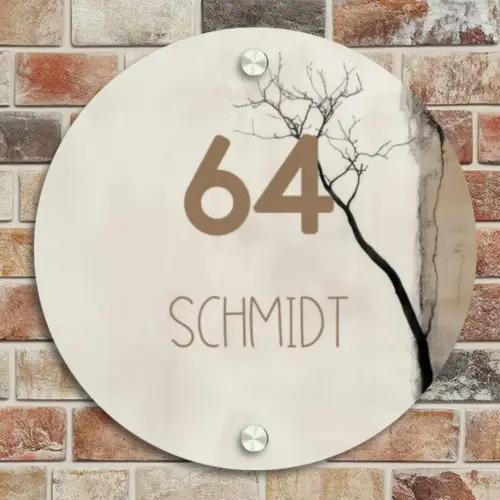 Boomsilhouet beige achtergrond - Modern Naambord Rond klein -sfeer2
