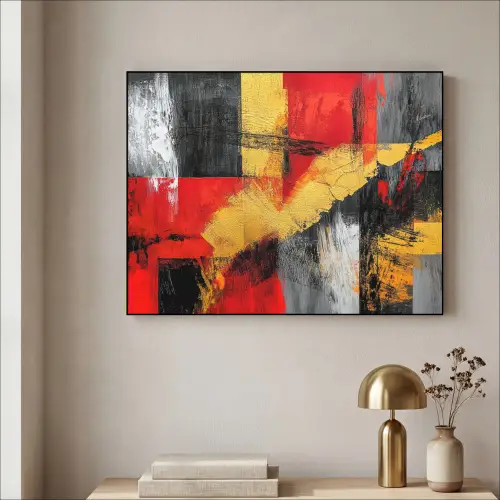 Abstracte kunst - Goud - Zwart Textielframe zwart klein -sfeer2