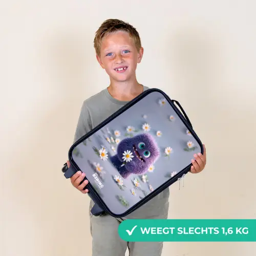 Paars Pluizig Vriendje met Madelief Kinderkoffer - Zwart klein -sfeer4_NL
