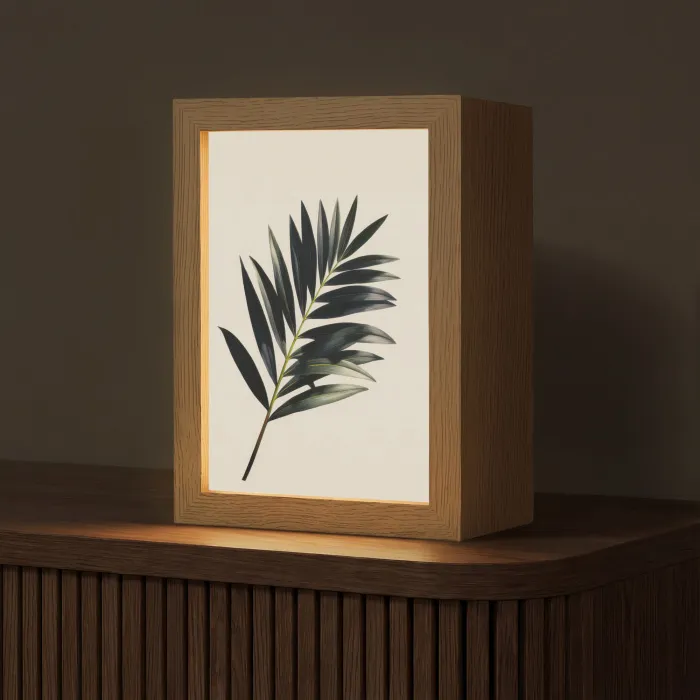 Palmblad - Subtiel - Groen - beige Light Box met kabel (Tafellamp) klein -z3d_website