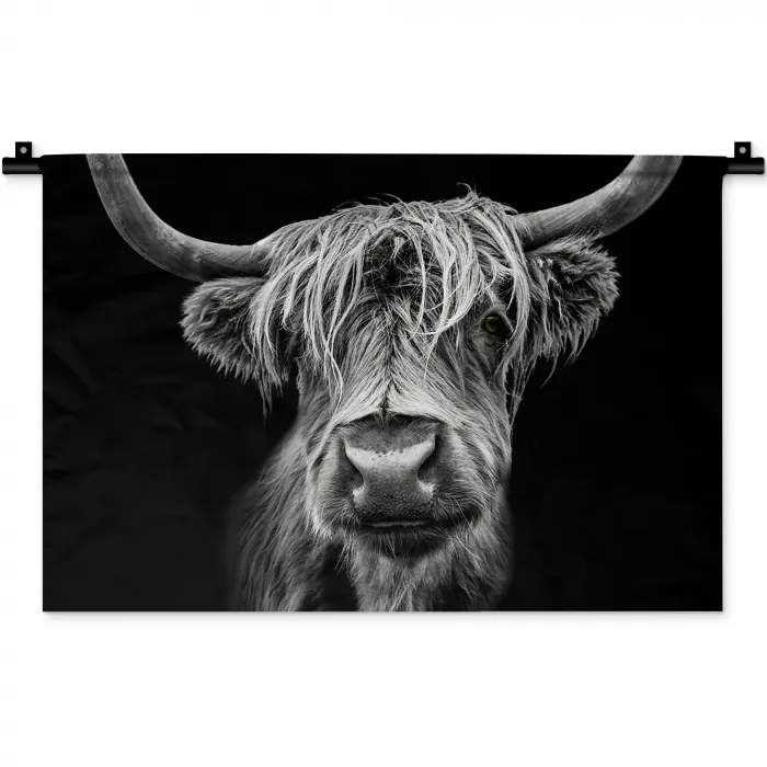 Schotse Hooglander - Horens - Zwart - Wit - Koe - Wild - Dieren Wandkleed katoen klein -zz3d