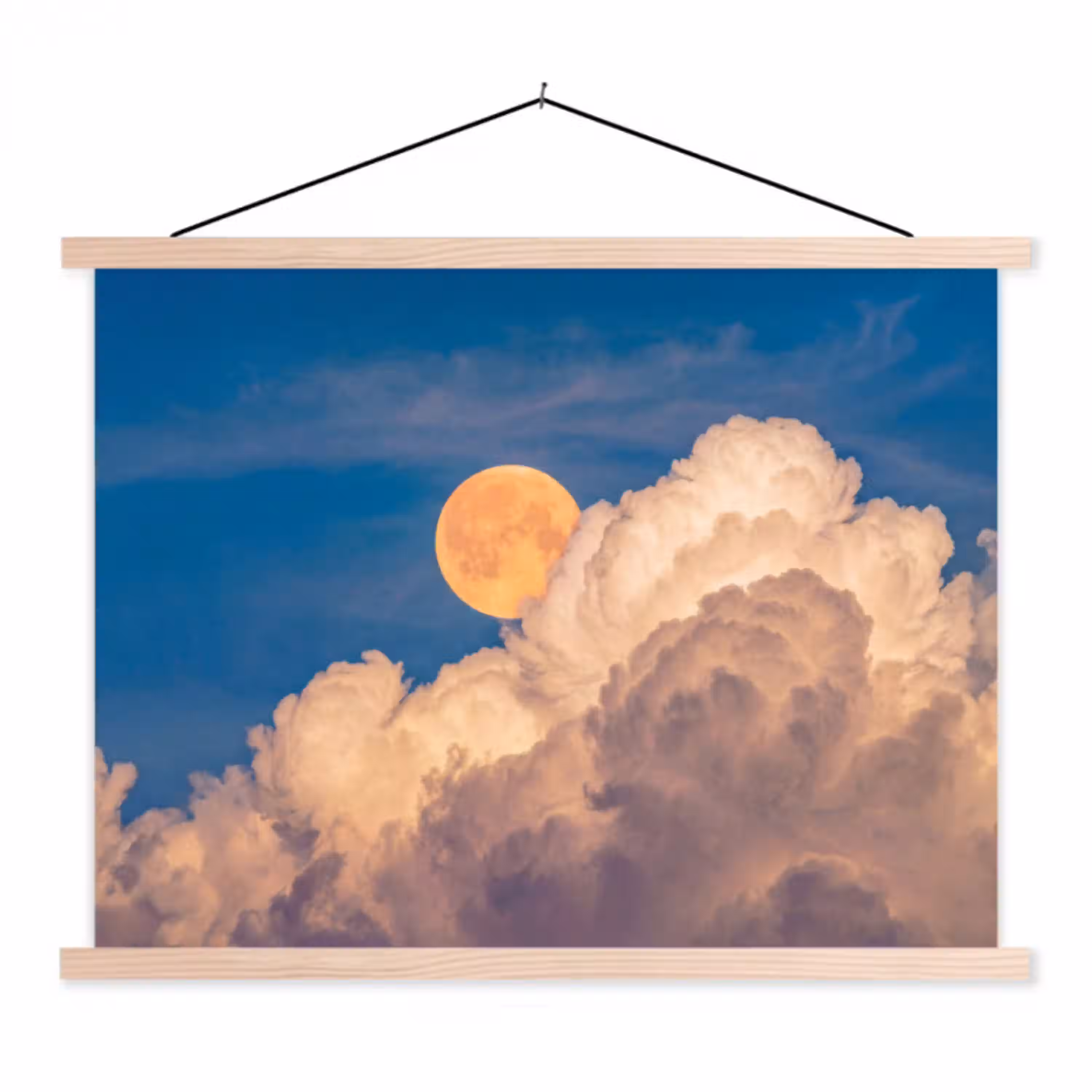 Maan - Wolken - Natuur - Oranje textielposter latten blank klein -3d