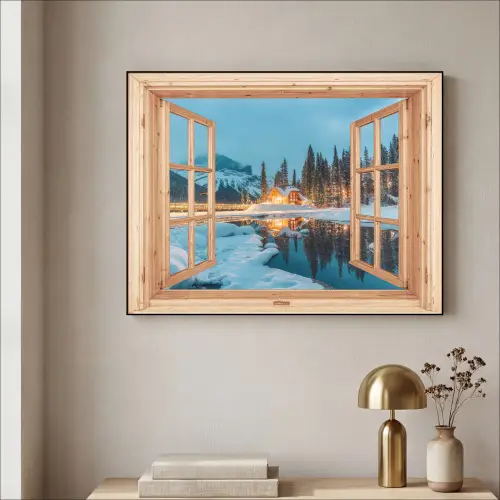 Winterlandschap - Natuur - Huis - Bergen - Doorkijk - Raam Textielframe zwart klein -sfeer2