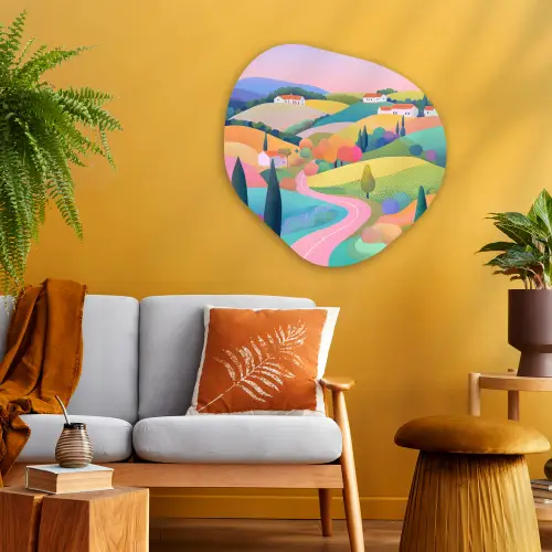 Landschap - Paars - Pastel - Huizen Wandcirkel Organisch Plexiglas middel -sfeer4