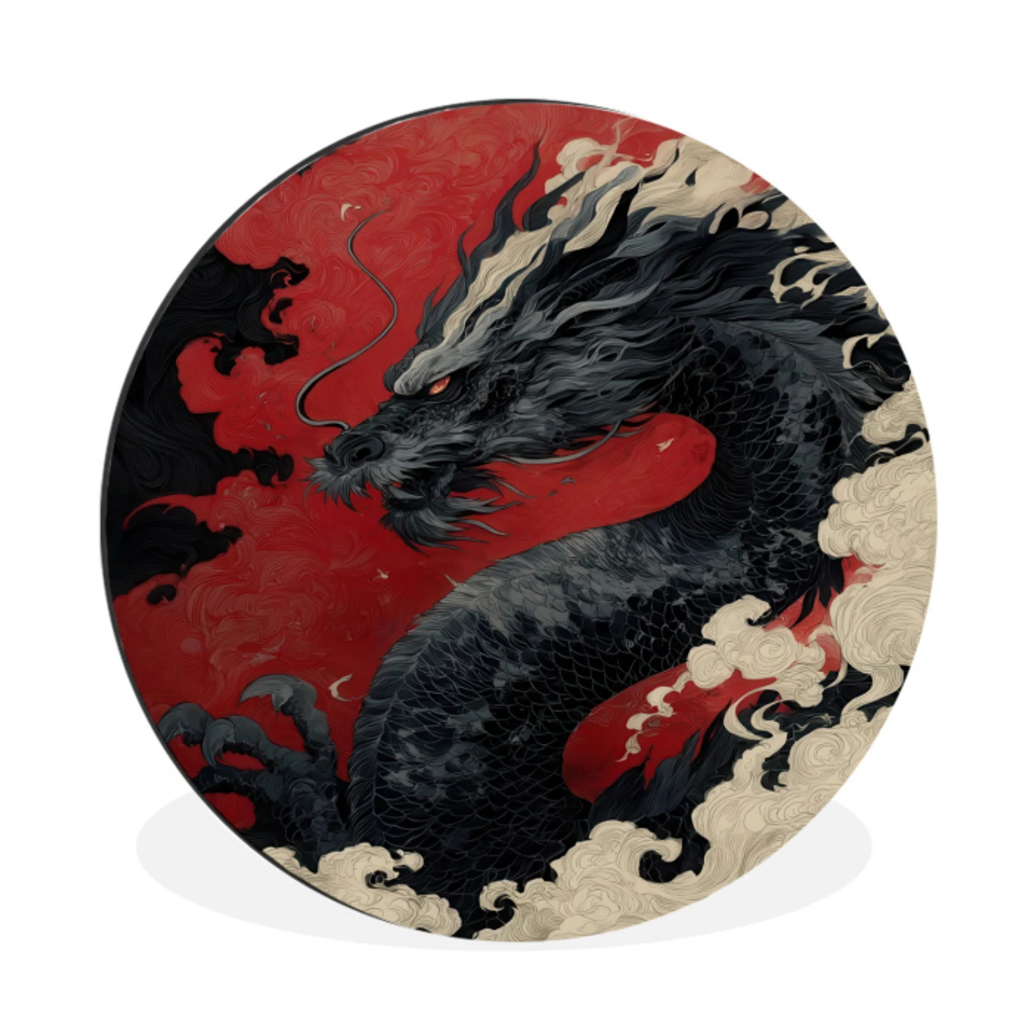 Zwarte draak - Rookwolken - Rood Wandcirkel aluminium klein -3d