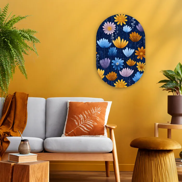 Bloemen - Patroon - Blauw - Contrast Wandcirkel Ovaal Forex klein -sfeer4
