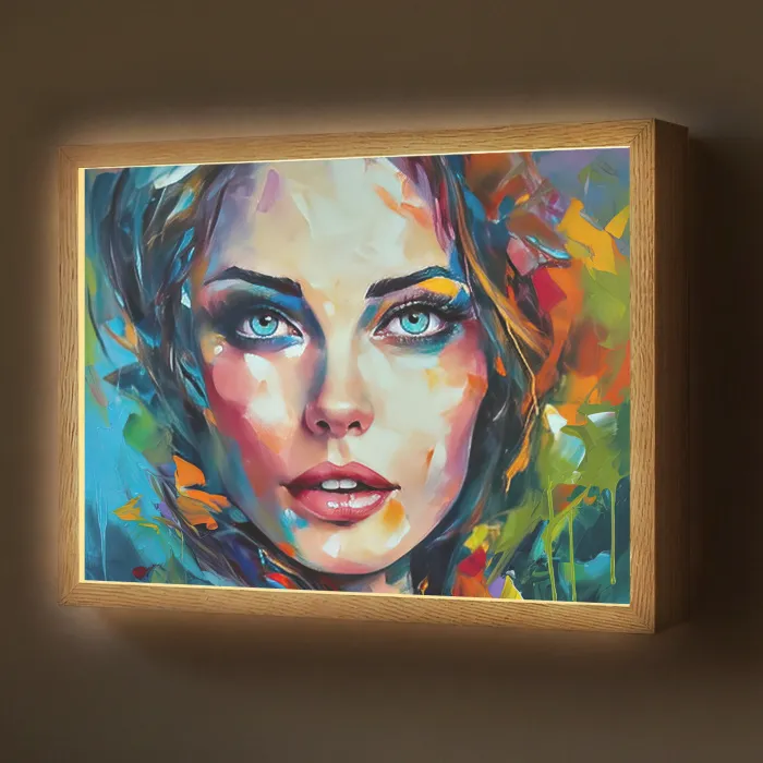 Gezicht - Vrouw - Olieverf - Kleurrijk - Kunst Light Box met batterij (Wandlamp) middel -z3d_website