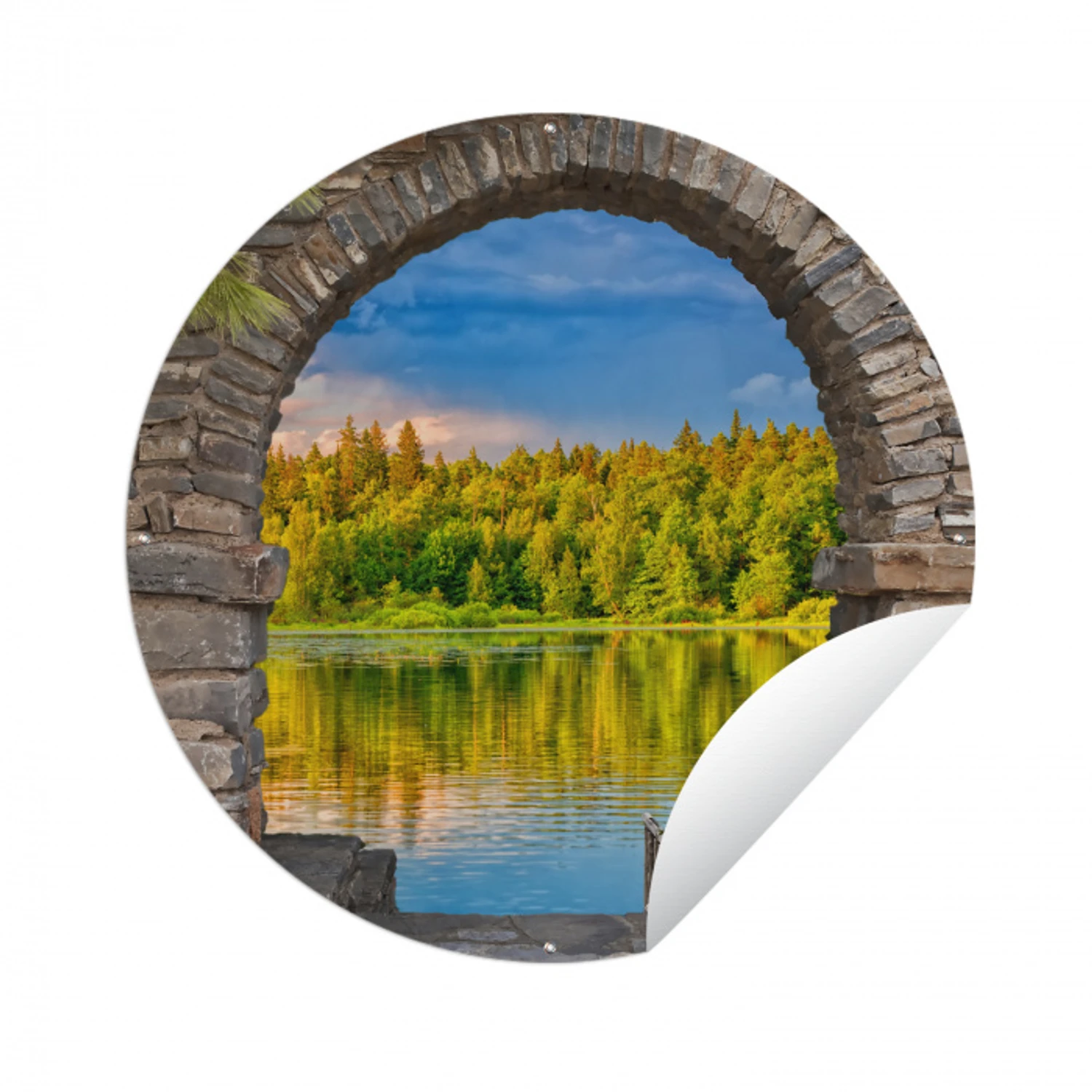 Bomen - Bos - Water - Doorkijk Wandcirkel tuinposter met ringen klein -3d