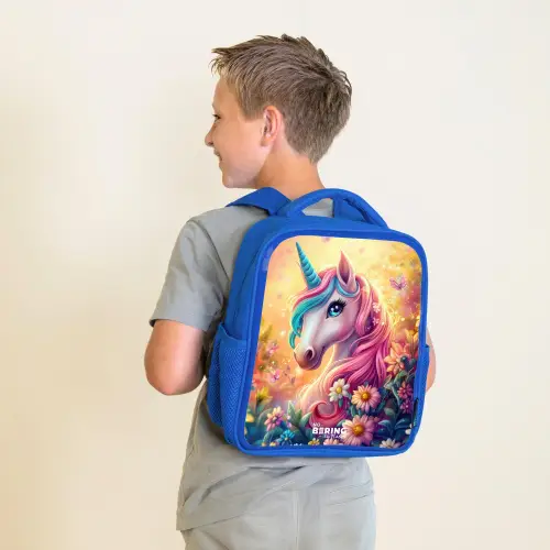 Eenhoorn met kleurrijke bloemen Kinderrugzak - Blauw middel -sfeer2