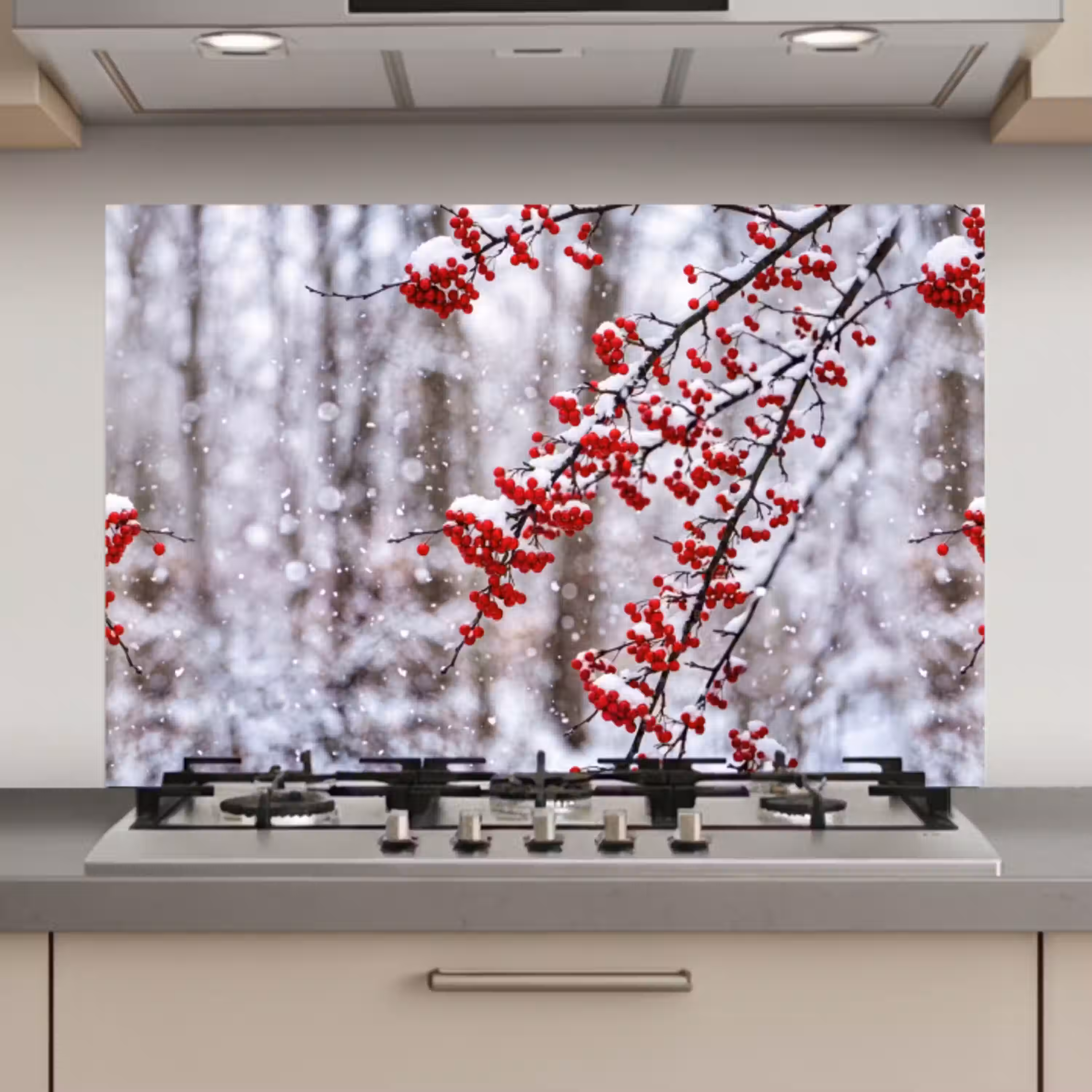 Bessen - Takken - Sneeuw - Winter - Kleurrijk keuken achterwand spatscherm klein -3d_website