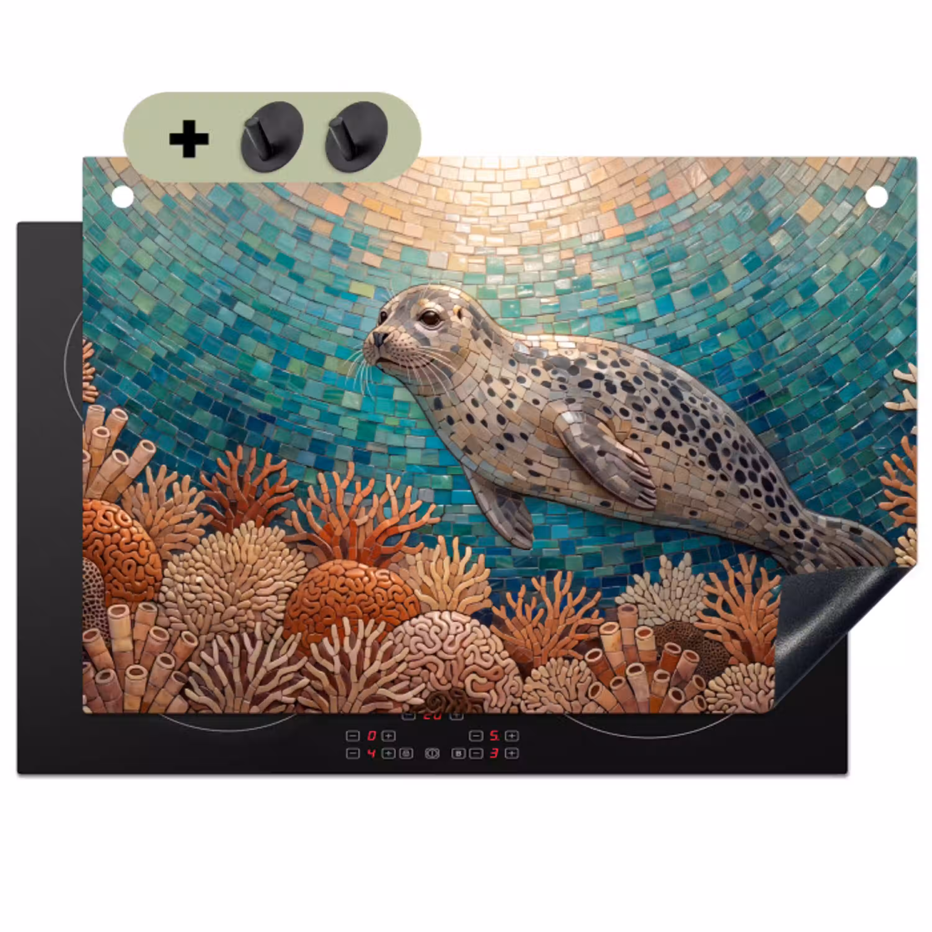Zeehond - Mozaïek - Onderwater - Dieren - Blauw Inductie beschemer met haakjes klein -3d
