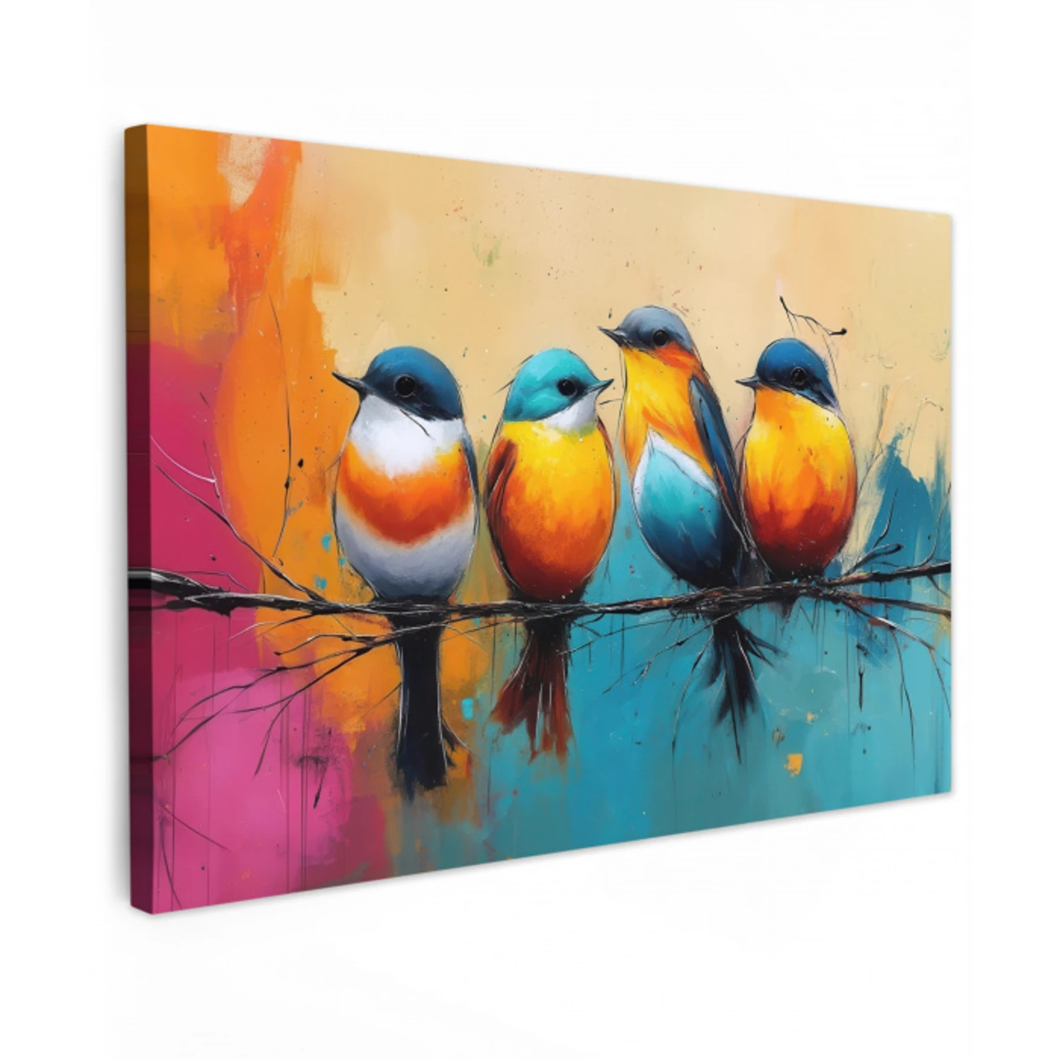 Vogels - Kleurrijk - Tak - Abstract canvas 2cm klein -z3d