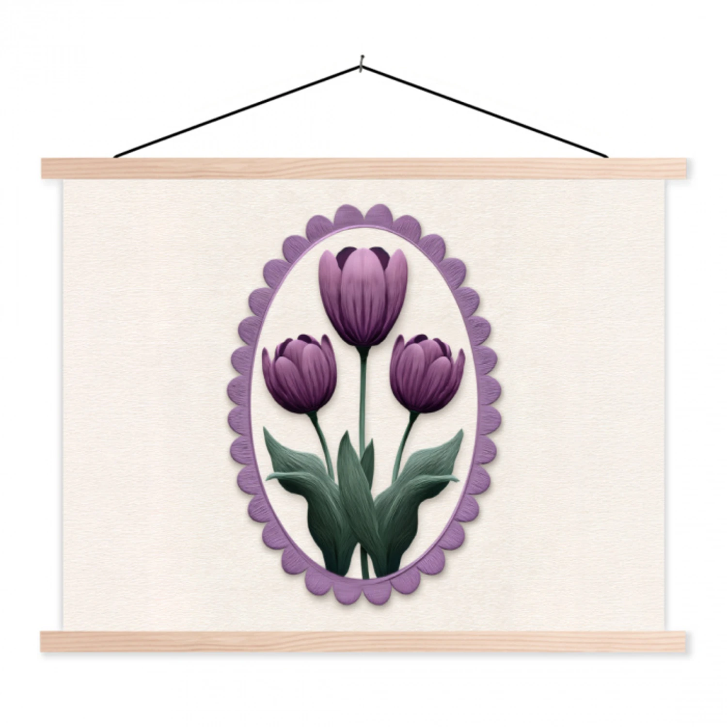 Tulpen - Paars - Lijst - Bladeren textielposter latten blank klein -3d