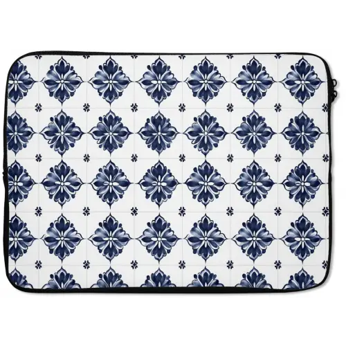 Tegelmotief - Blauw - Wit - Bloem laptophoes neopreen klein 279 -zkaufland3dotto