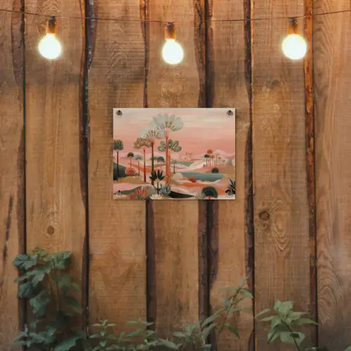 Roze landschap - Palmen - Water tuinposter los doek klein -sfeer1