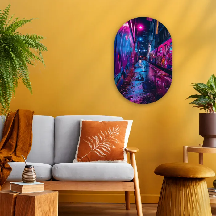 Stad - Neon -  Nacht - Roze - Graffiti Wandcirkel Ovaal Forex klein -sfeer4