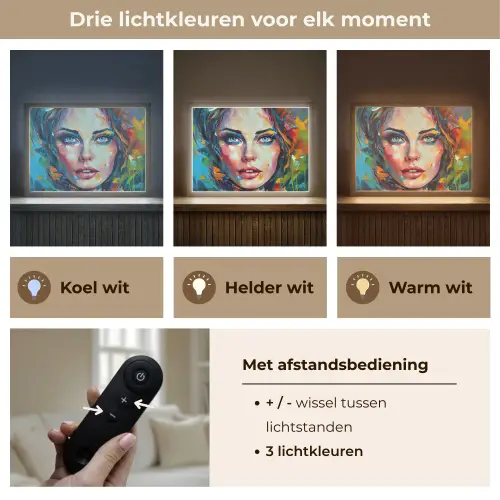 Gezicht - Vrouw - Olieverf - Kleurrijk - Kunst Light Box met batterij (Wandlamp) middel -USP_lichtkleurNL
