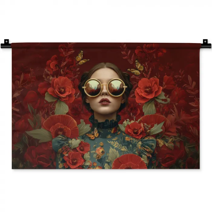 Bloemen - Dieprood - Zonnebril - Vrouw Wandkleed katoen klein -zz3d