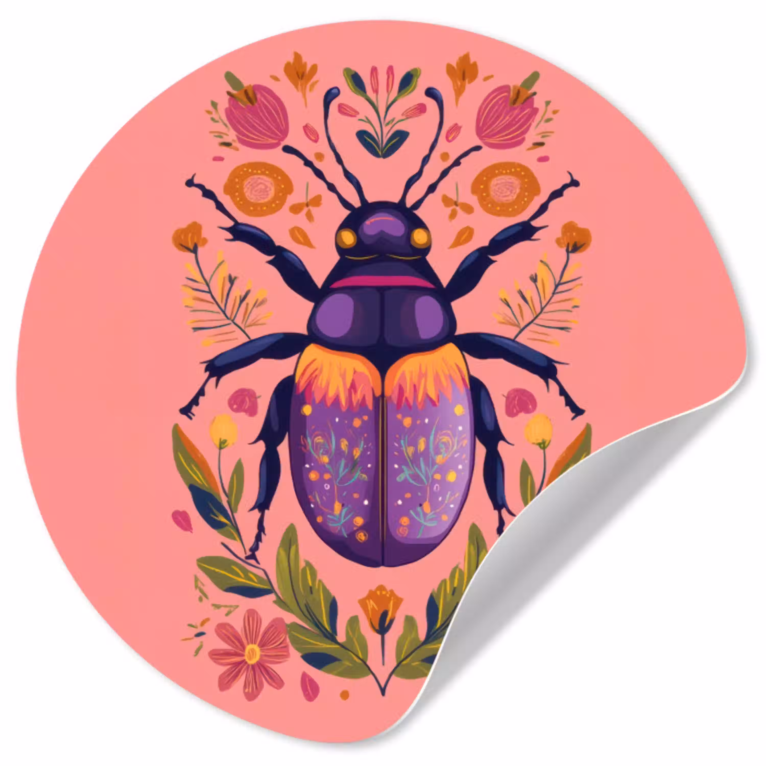 Paars - Kever - Stipjes - Bloemen Wandcirkel behangsticker klein -3d