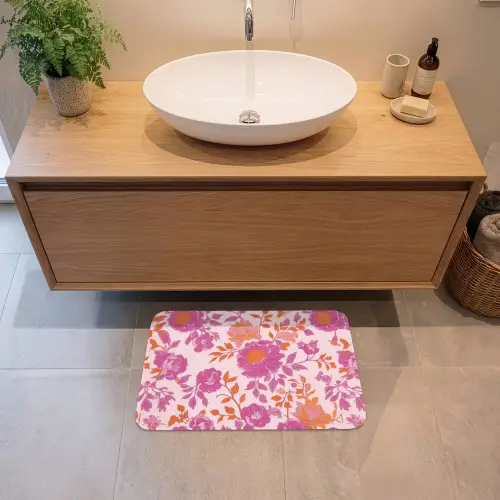 Bloemenpatroon - Roze - Oranje - Bloemen Badmat klein -sfeer1