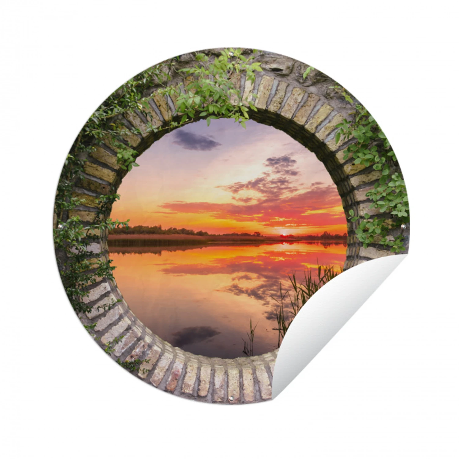 Zee - Zonsondergang - Doorkijk Wandcirkel tuinposter met ringen klein -3d