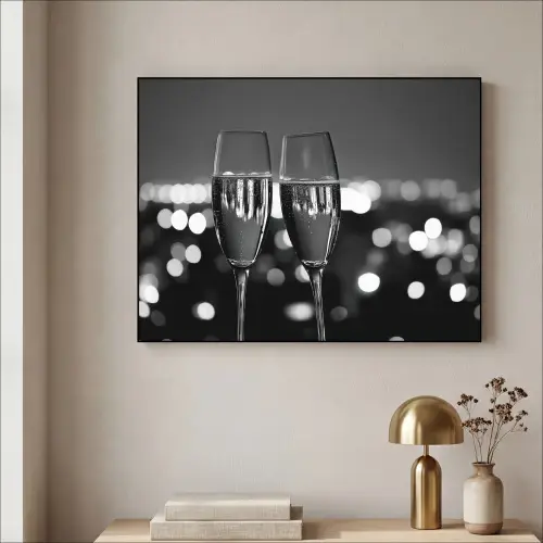 Bubbels - Proosten - Champagneglazen - Stadslichten Textielframe - compleet frame klein -sfeer2