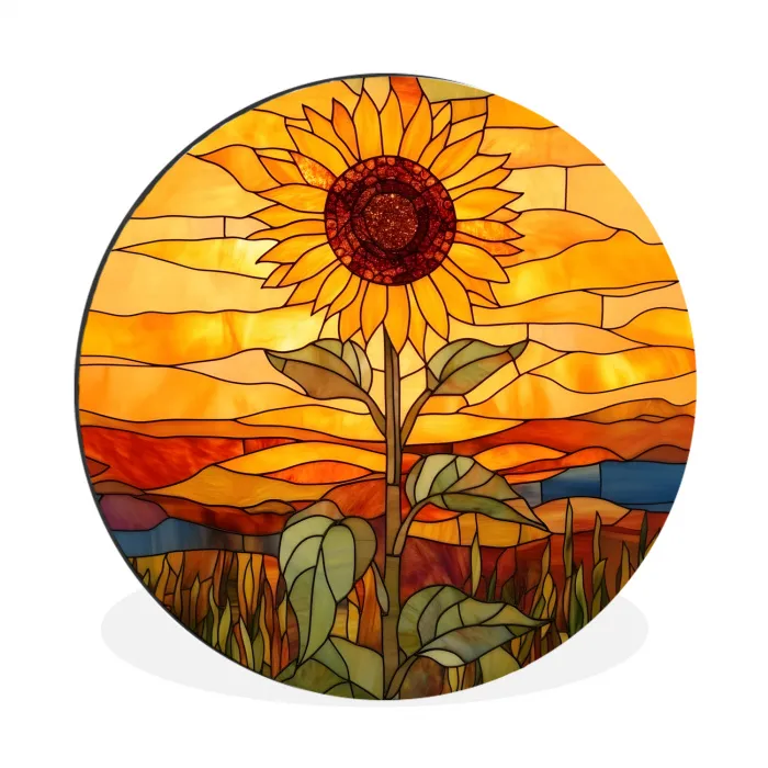 Zonnebloem - Mozaïek - Zonsondergang - Geel Wandcirkel aluminium klein -3d