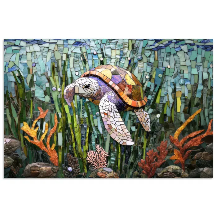 Schildpad - Zeewier - Mozaïek poster papier klein -3d