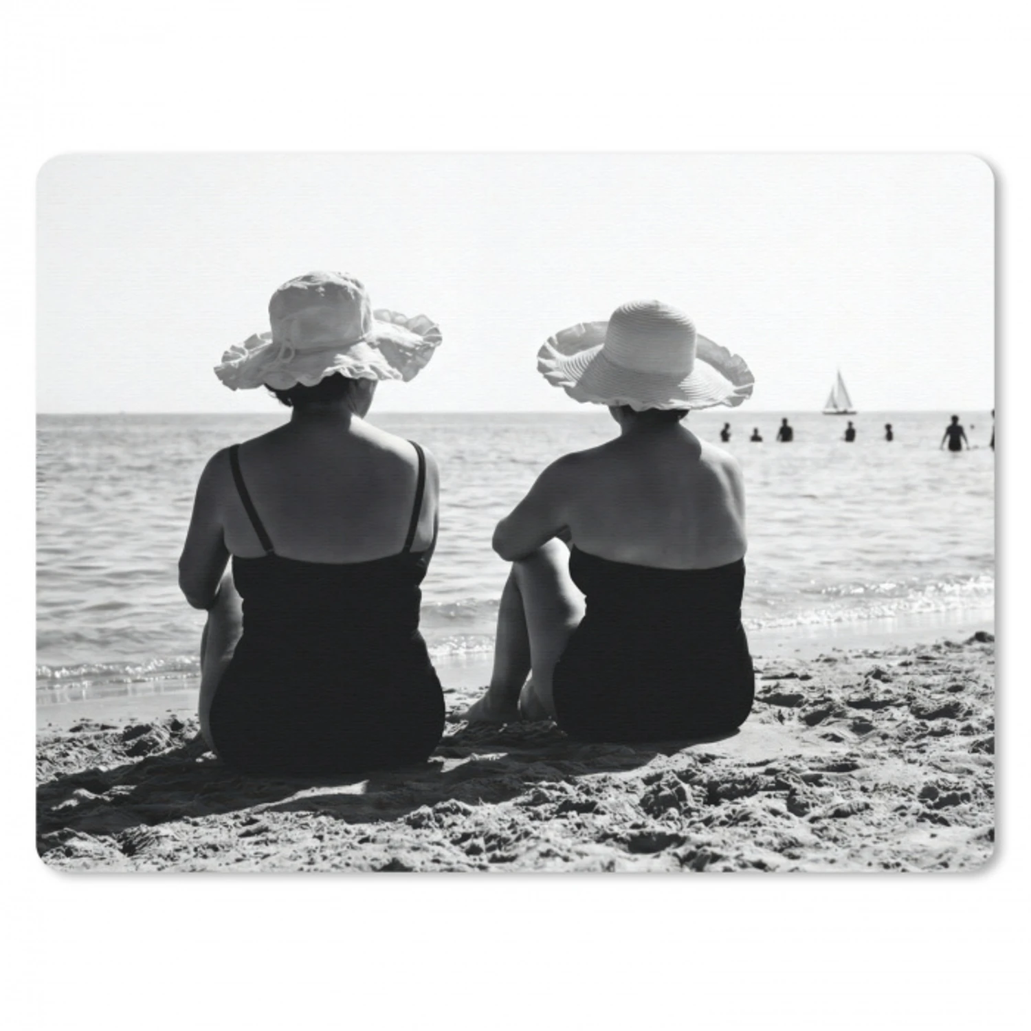 Vrouwen - Zonnehoed - Strand - Zwart - Wit muismat rubber klein -3d