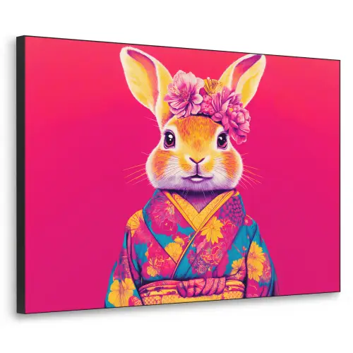 Konijn - Bloemen - Kleurrijk - Kimono Textielframe zwart klein -3d