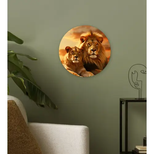 Leeuwen - Zonsondergang - Afrika - Savanne - Dieren Wandcirkel kunststof plaat 5mm dik klein -sfeer3