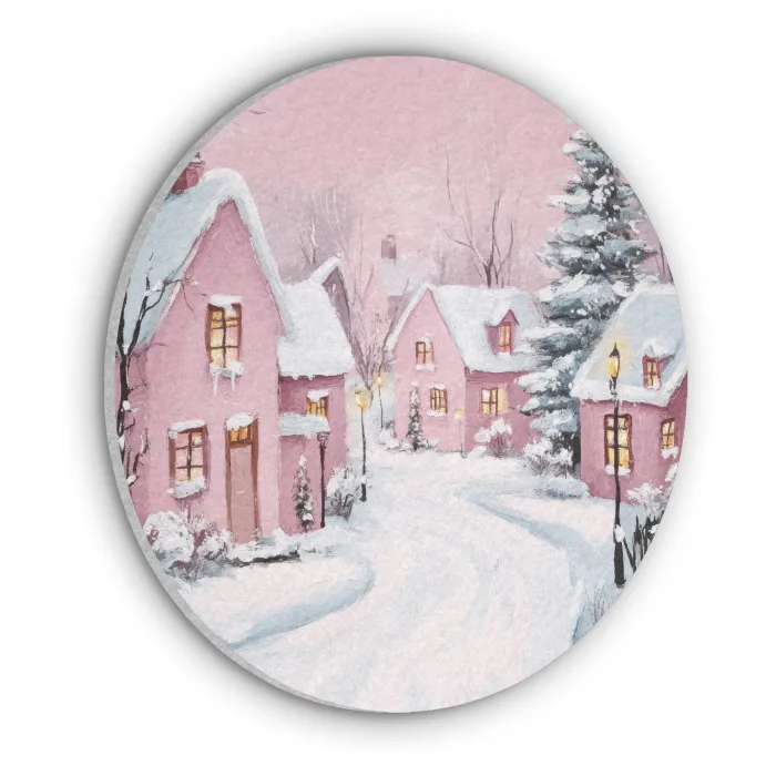 Kerstdorp - Roze - Winter - Sneeuw - Huizen Akoestische PET Vilt - Rond klein -3d