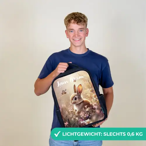 Konijntje - Bruin - Bloemen - Vlinders Rugzak - Zwart middel -sfeer7_NL
