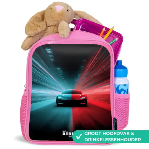 Sportwagen - Lichtstralen - Neon - Blauw Kinderrugzak - Roze middel -inhoud_NL