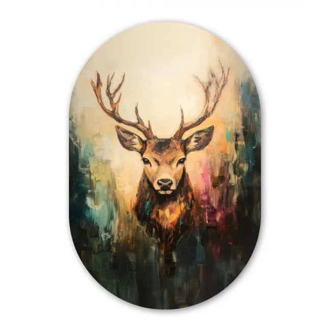 Hert - Geverfd - Gewei - Bruin Wandcirkel Ovaal Glas middel -3d