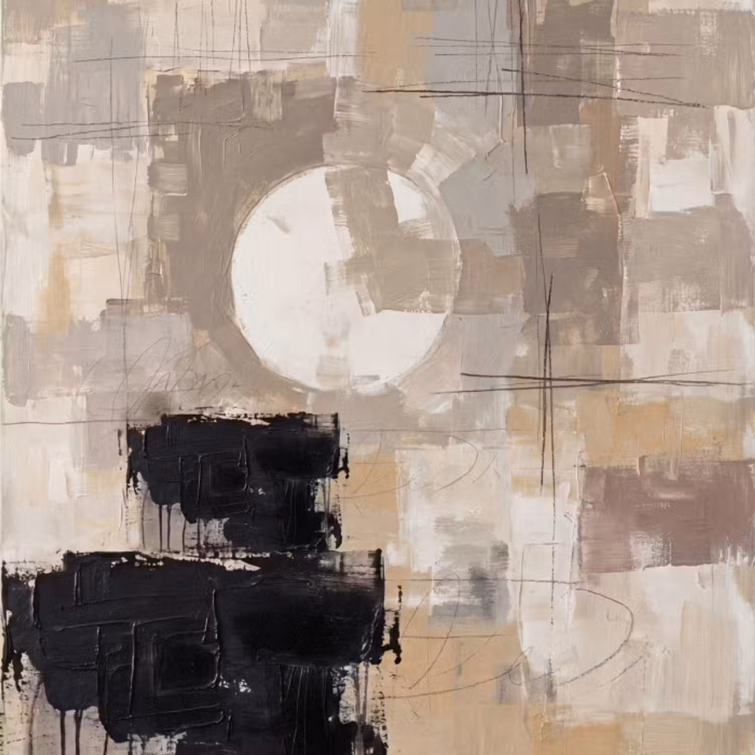 Behang - Abstract - Cirkel - Modern - Beige - Zwart - Minimalistisch