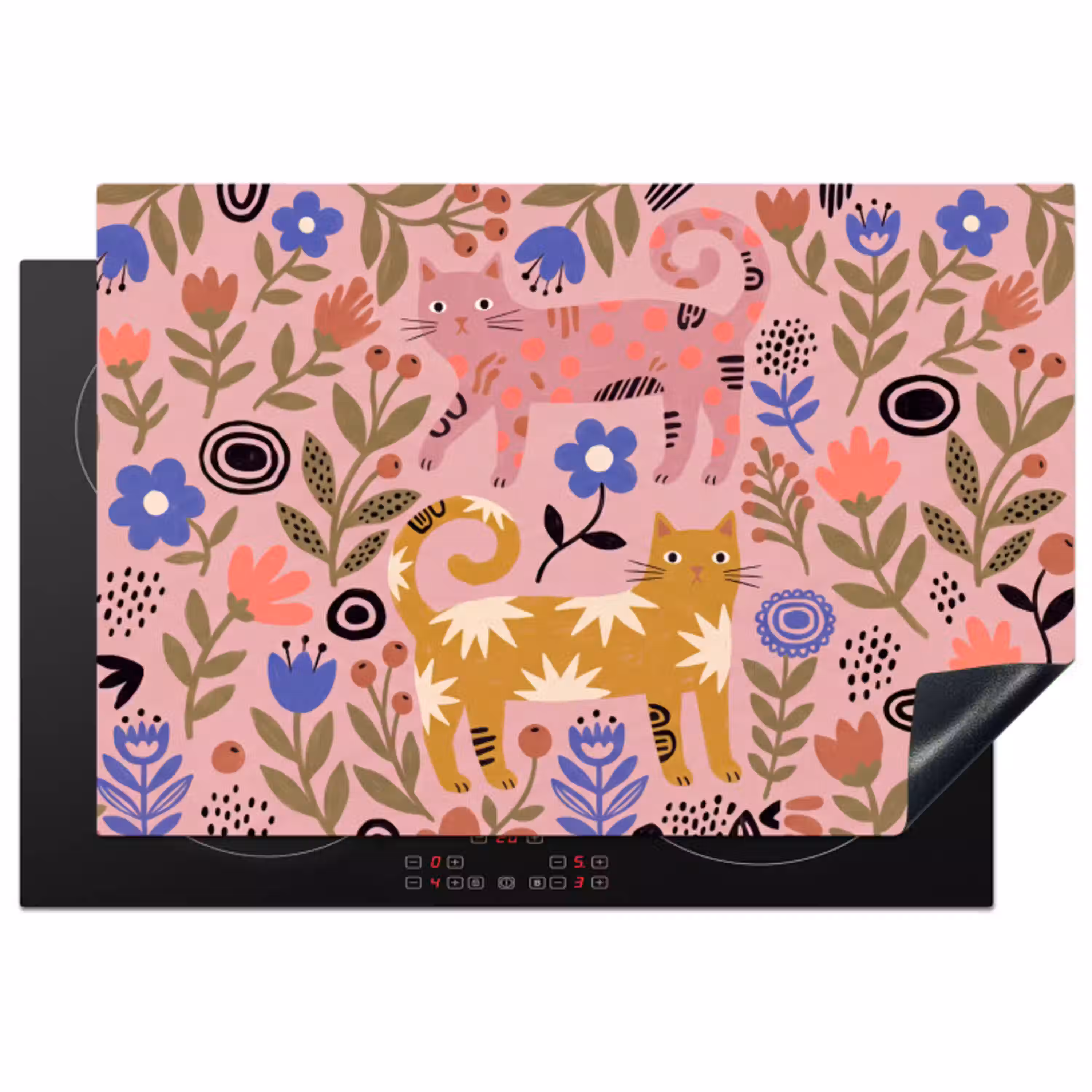 Kat - Bloemen - Dieren - Modern - Roze Inductie beschermer vinyl 3mm klein -3d