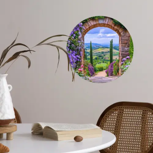 Doorkijk - Toscane - Landschap - Poort Wandcirkel behangsticker klein -sfeer3