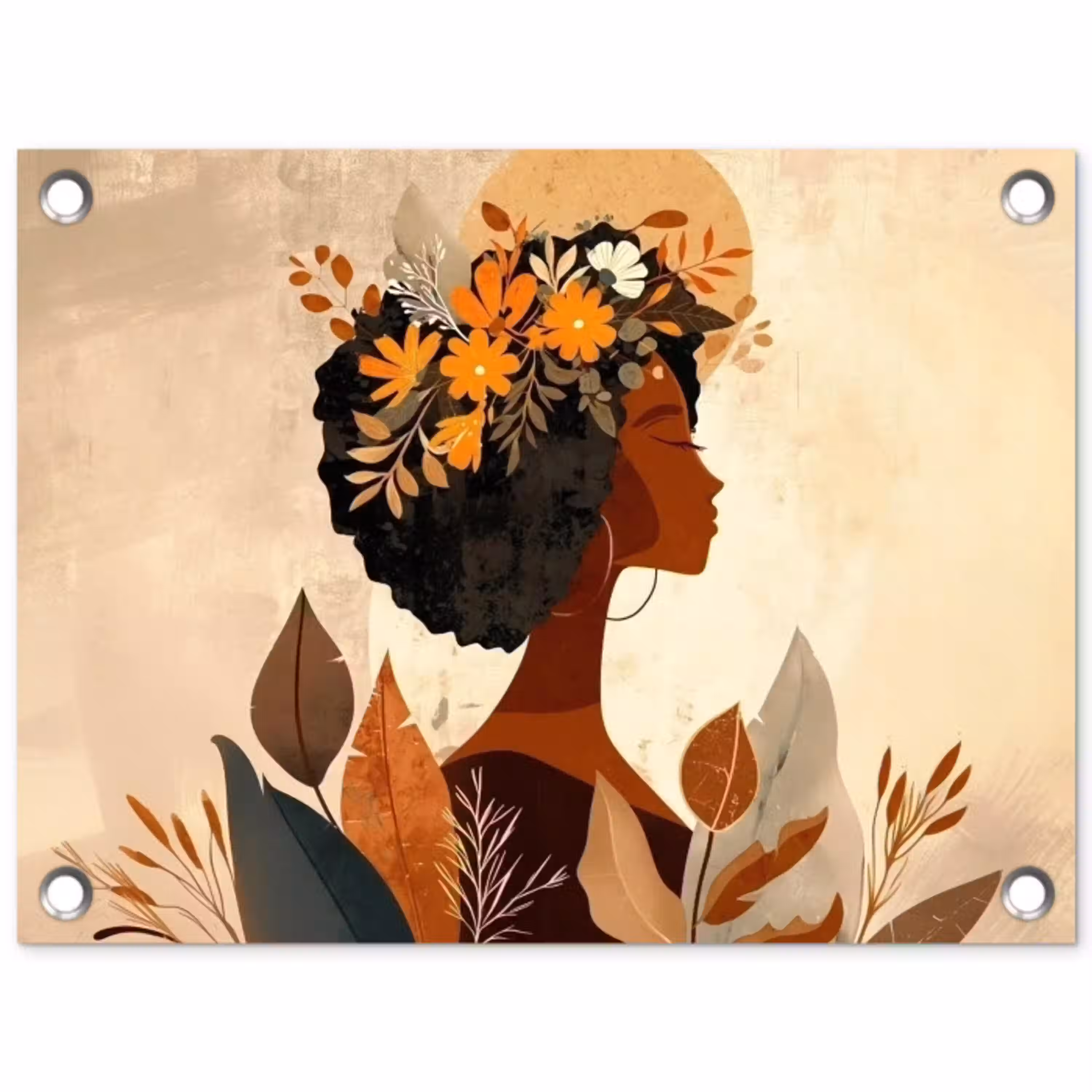 Vrouw - Krullen - Bloemen - Beige tuinposter los doek klein -3d