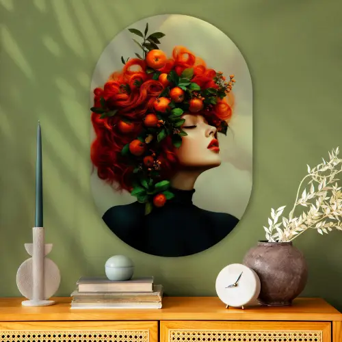 Vrouw - Appels - Rood - Bladeren Wandcirkel Ovaal Glas middel -sfeer2
