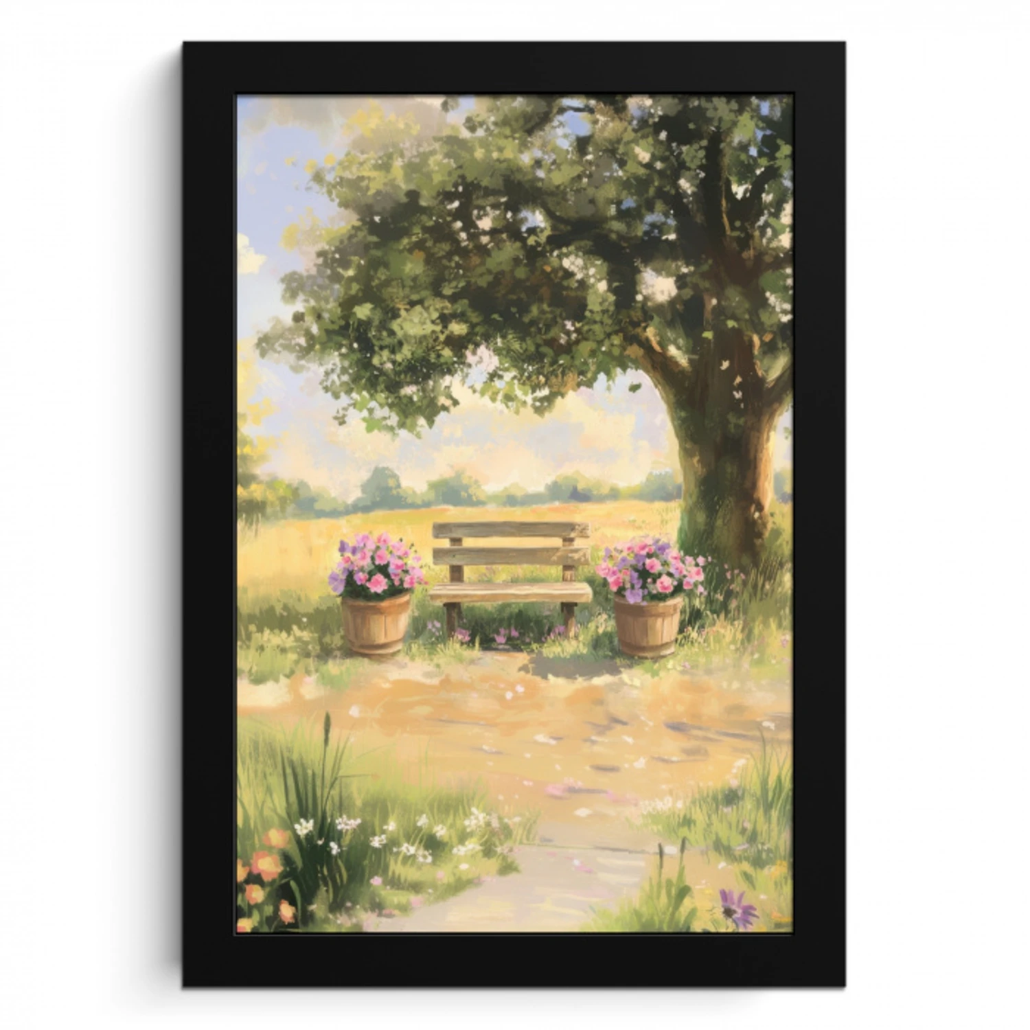 Houten bankje - Bloempotten - Landschap KitchenYeah - Keuken - Fotolijst klein -3d