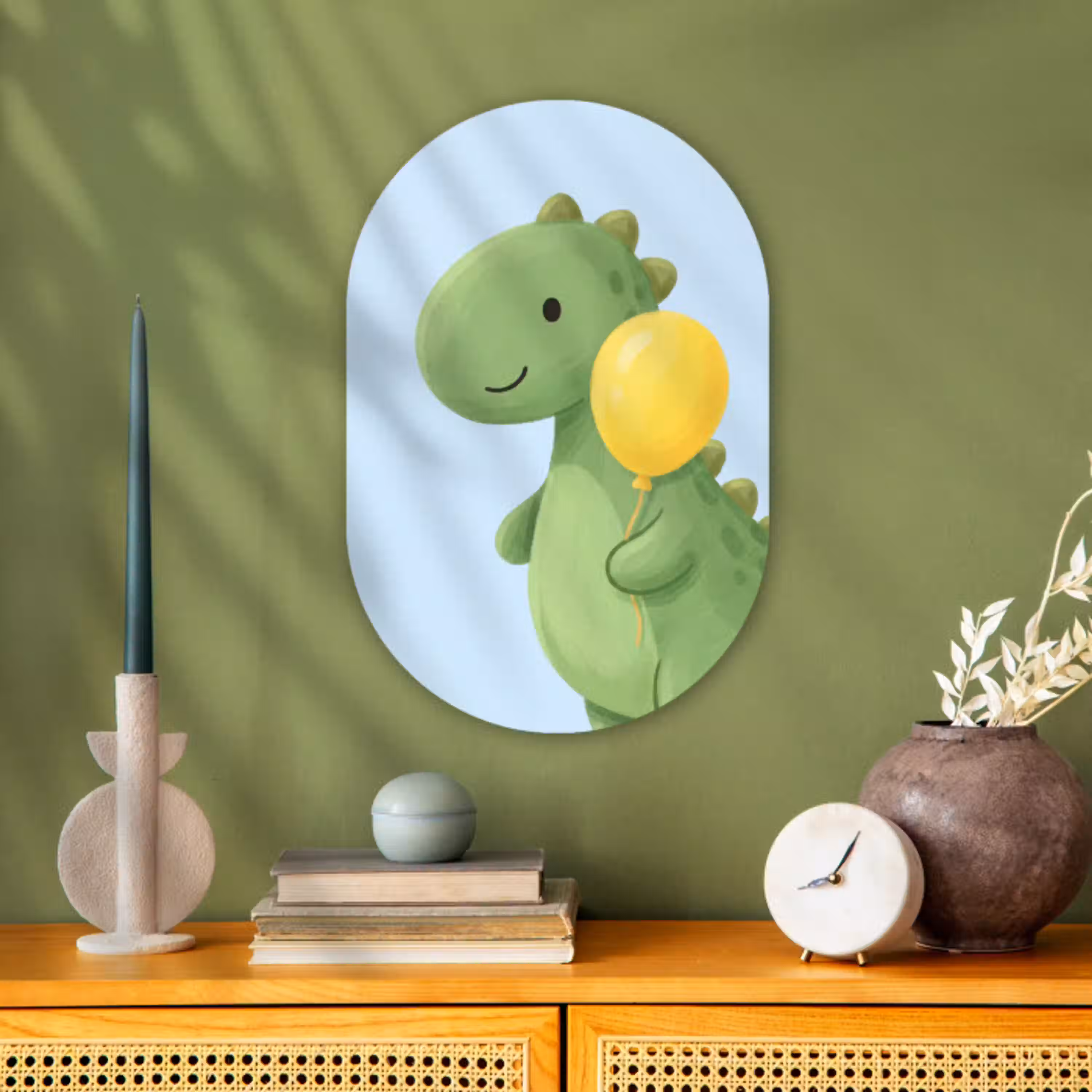 Dinosaurus - Ballon - Kinderkamer - Illustratie - Groen Wandcirkel Ovaal Forex klein -sfeer2