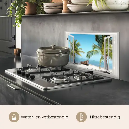 Doorkijk - Strand - Palmboom - Boot - Tropisch - Zee - Blauw keuken achterwand spatscherm klein -usp_NL