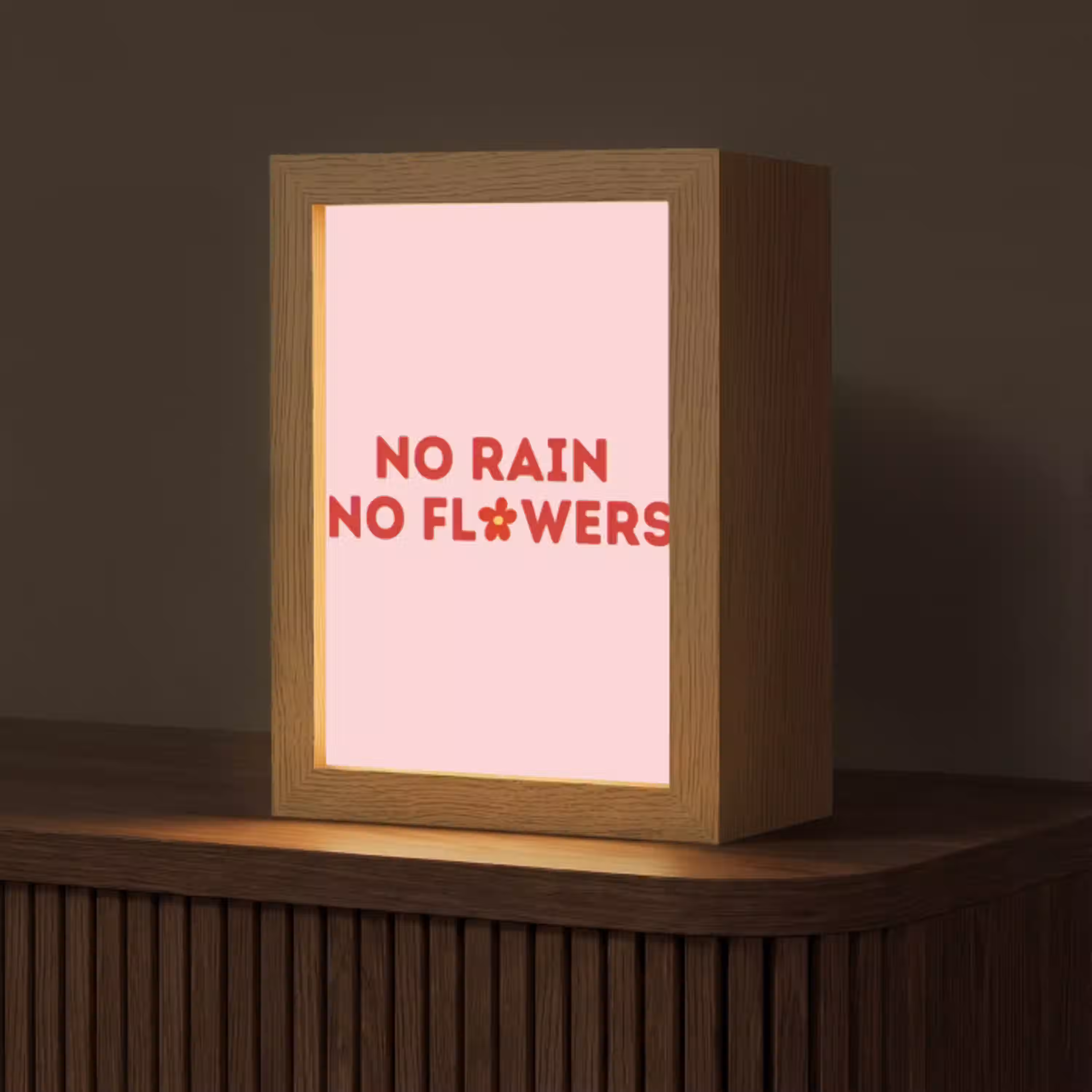 No rain no flowers - Minimalistisch - Roze - Bloem Light Box met kabel (Tafellamp) klein -z3d_website